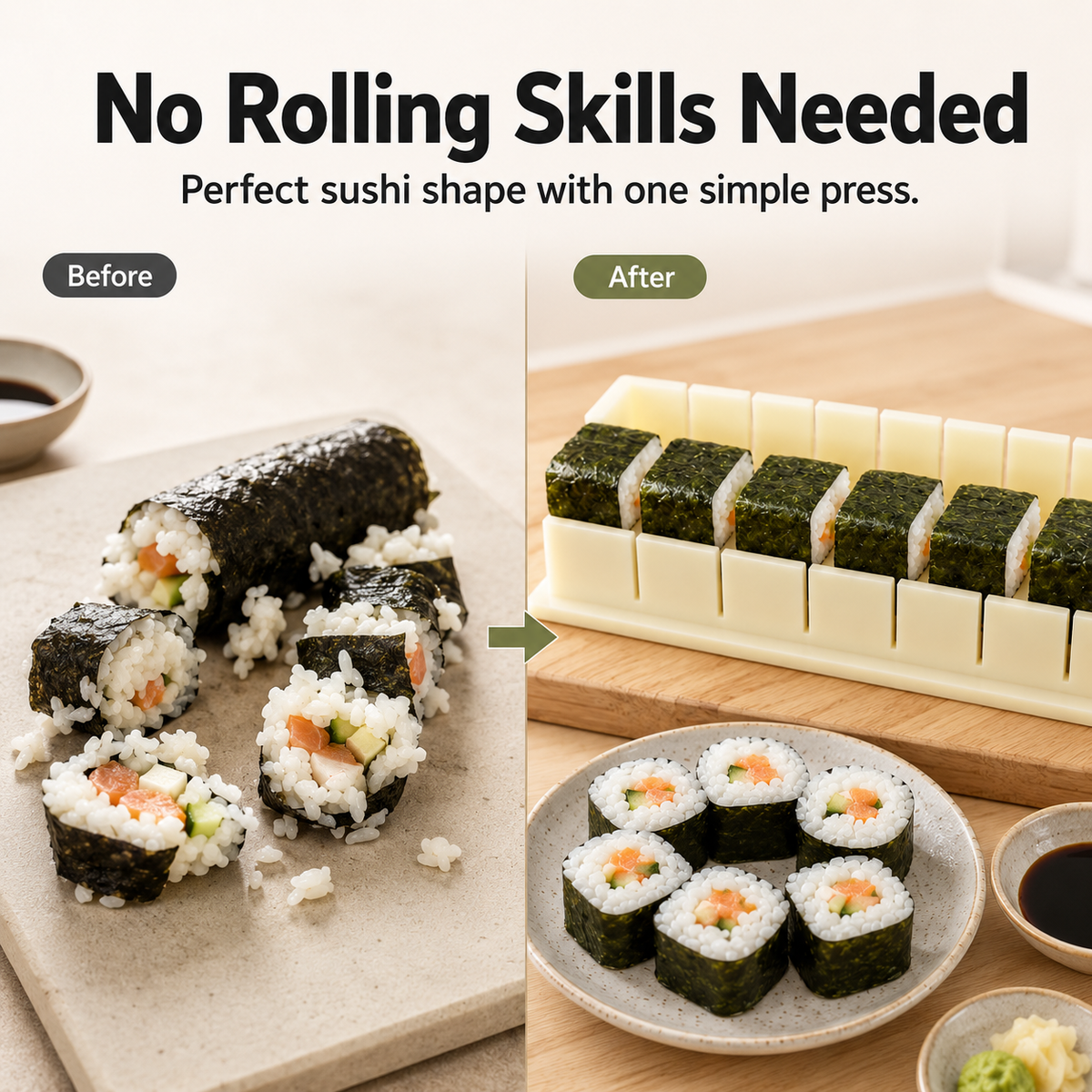 Comparison between loose handmade sushi and sushi formed in mold
