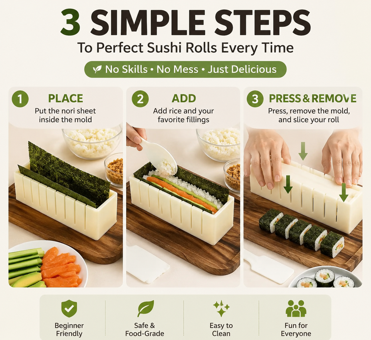 Three steps for using sushi maker mold