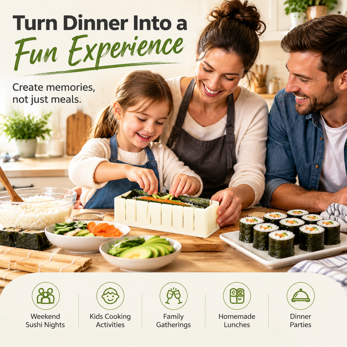 Family making homemade sushi together using sushi maker mold