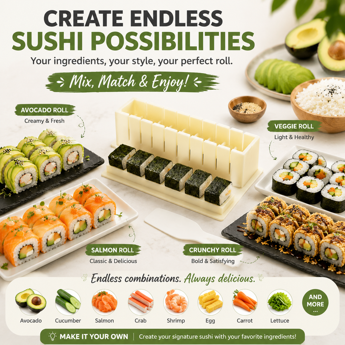 Different homemade sushi combinations around sushi maker mold
