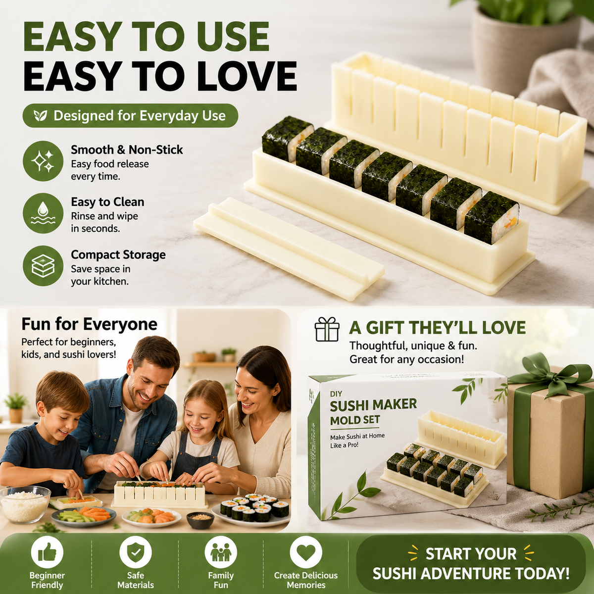 Sushi maker mold components easy cleaning compact storage and gift presentation